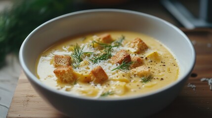 Cream zucchini soup with croutons, Parmesan cheese and fresh dill on wooden table