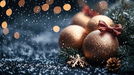 Sparkling holiday charm is captured in this top view of gold balls adorned with snowflakes and festive bows. Sprigs of evergreen and a dusting of snow create a magical scene against a muted backdrop.