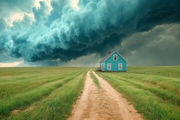 A lone house in the middle of an empty field, completely surrounded by hurricane clouds