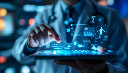 Futuristic doctor in lab coat using a tablet with a glowing DNA hologram, perfect for medical tech, genetics, and innovation illustrations.