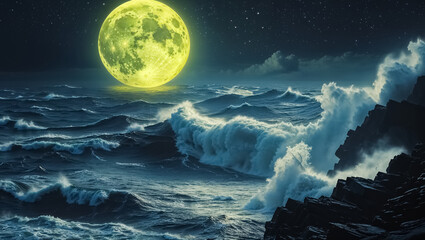 huge yellow moon, stormy sea, night
