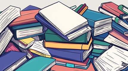 Colorful stack of books in various sizes.