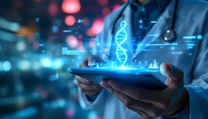 Futuristic doctor in lab coat using a tablet with a glowing DNA hologram, perfect for medical tech, genetics, and innovation illustrations.
