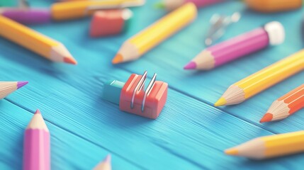 Naklejka premium Colorful stationery on a blue wooden surface.