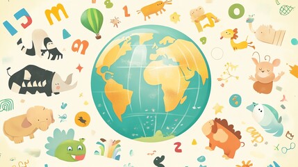 Colorful world map with cute animal illustrations.