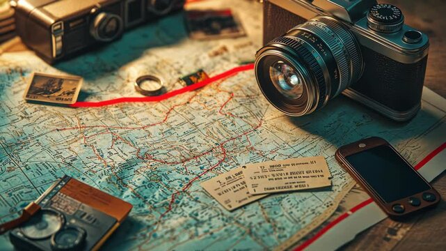A vintage camera, travel tickets, and old photographs rest on a detailed map, capturing the spirit of adventure and exploration