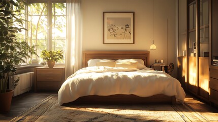 Cozy bedroom with warm lighting and plants.