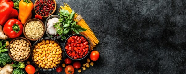 A vibrant arrangement of fresh vegetables and legumes in bowls, showcasing a variety of colors and textures, set against a dark background.