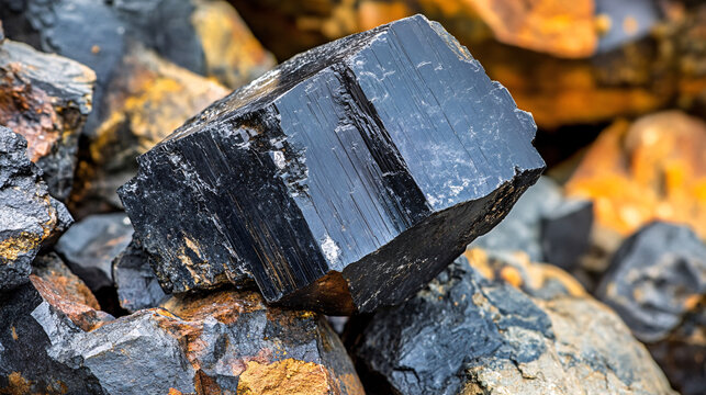 A close-up image of a shiny black stone, surrounded by earthy textures, showcasing its angular shape and smooth surface.