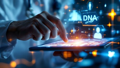 Futuristic doctor in lab coat using a tablet with a glowing DNA hologram, perfect for medical tech, genetics, and innovation illustrations.
