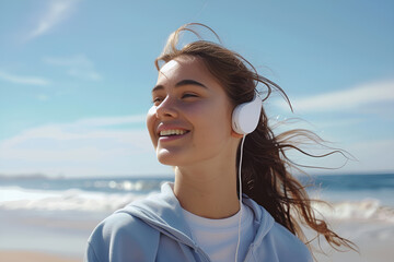 Młoda kobieta słuchająca muzyki na plaży — relaks, szczęście i chwile spokoju