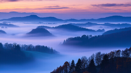 Fototapeta premium A serene landscape at dawn, featuring misty hills and soft pastel skies, conveying tranquility and natural beauty.