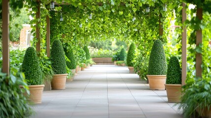 A beautiful garden pathway lined with lush greenery, manicured topiary, and shaded by arched trellises creates a serene atmosphere perfect for leisurely strolls or quiet reflection.