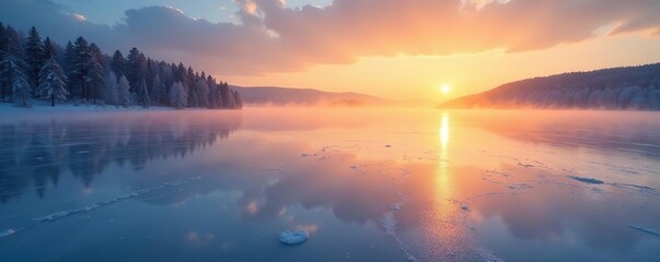 Fototapeta premium Morning sun casts an ethereal glow on frozen lake surface, calm waters, frozen lake