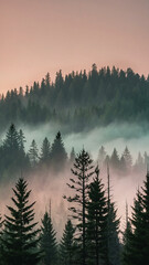 Curtains Foggy pine ridge, with sharp tree silhouettes fading into soft mist. 