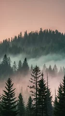 Foggy pine ridge, with sharp tree silhouettes fading into soft mist. 