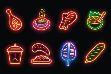 undefined Neon food icons in vintage style on light background. Business, icon set. Vector illustration