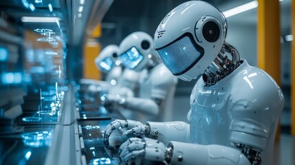 Fototapeta premium Engineers and researchers collaborate in a high-tech lab focused on the design and programming of advanced AI robots. The environment is sleek, innovative, and filled with cutting-edge technology