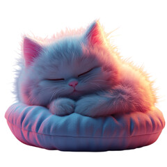 Fluffy 3D Cartoon Kitten Sleeping on Pillow Isolated on Transparent Background
