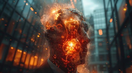 Surreal representation of a businessman with a burning hourglass in a futuristic urban setting