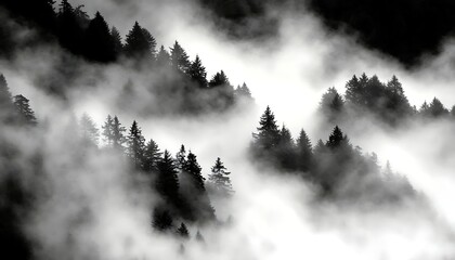 Forest trees enveloped in fog during the daytime