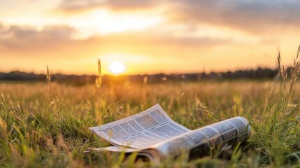 Newspaper in grassy field at sunset.