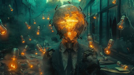 Surreal scene of a humanoid figure with a glowing, shattered light bulb head in a desolate urban setting