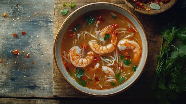 Tom Yum soup - Thai soup with prawns and rice noodles on wooden table