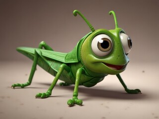 Lifelike grasshopper with intricate details and expressive, oversized cartoon eyes