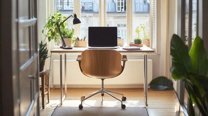 Minimalist workspace with plants and sunlight
