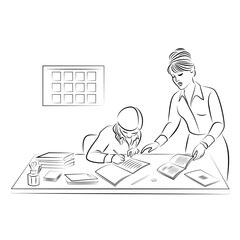Girls silhouettes, she writes with a pen in a notebook. Teacher, mother, helps her to do her homework. Graphic image. Vector illustrations.