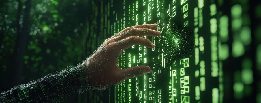 Futuristic Hand Touching Digital Interface with Green Matrix Code