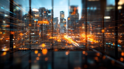 Futuristic city skyline with glowing lights and digital overlay, showcasing tech startup environment. vibrant urban landscape reflects innovation and modernity