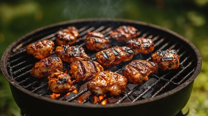 Grilled chicken sizzling on barbecue, outdoors