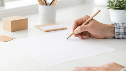person is writing on blank sheet of paper with pencil in modern workspace. setting includes stationery items and plant, creating calm and organized atmosphere