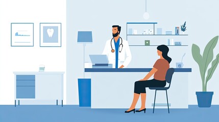 Two doctors sitting at a desk in a bright medical office discussing patient care in a minimalist illustration style. Generative AI