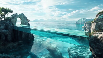 Serene water landscape with a glass bridge.