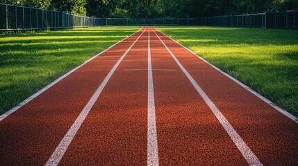 A running track leads towards a bright green grass field