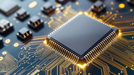 Semiconductor circuit board with microchips Concept, Close-Up of a Circuit Board with Golden Traces and Microchips Highlighting Advanced Technology Features