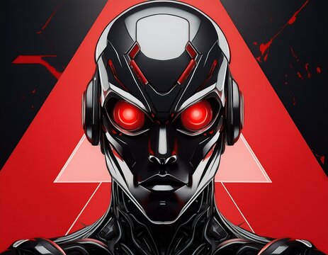 a black robotic head featuring red eyes positioned in front of a bold red triangle graphic this abstract modern design is perfect for a music album cover or contemporary poster