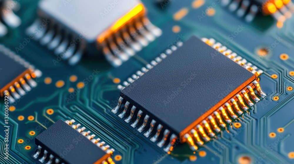 Poster semiconductor circuit board with microchips concept, close-up of microchips on a circuit board with 