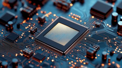 Obraz premium Semiconductor circuit board with microchips Concept, Detailed Close-Up of a Semiconductor Circuit Board with Microchips and Electronic Components