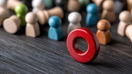 Red ring in foreground, surrounded by wooden figures.