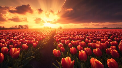 Vibrant tulip field at sunset with dramatic skies.