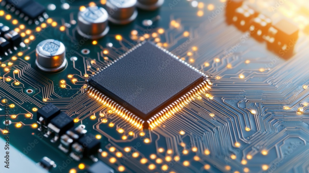 Poster semiconductor circuit board with microchips concept, detailed view of a glowing microchip on a semic