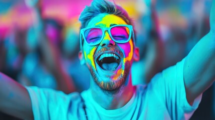 Music Festival Crowd concert vibe concept. A joyful person with colorful face paint and sunglasses celebrates at a vibrant event, radiating energy and excitement.