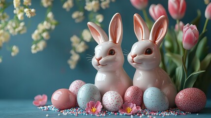 Springtime splendor Ceramic bunnies, tulips, sprinkles, and eggs on pastel blue capture the essence of Easter.