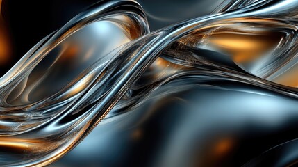 Obraz premium Abstract smooth shapes of silver and orange intertwining in a metallic and fluid texture design. Generative AI