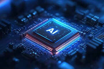 Closeup of illuminated AI chip on a modern circuit board