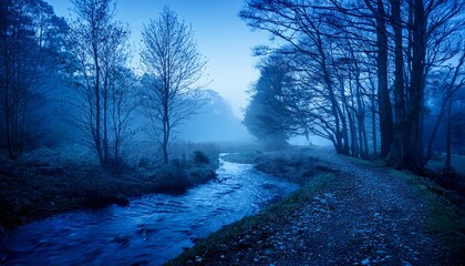Obraz premium mystical forest stream blue hour foggy woodland path